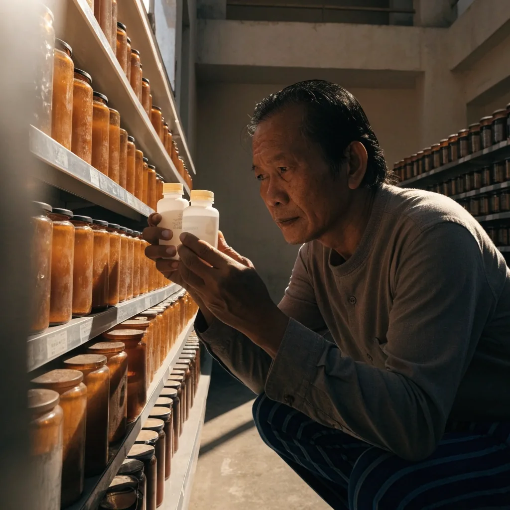 A man browsing a pharmacy shelf of unmarked supplement bottles in warm daylight