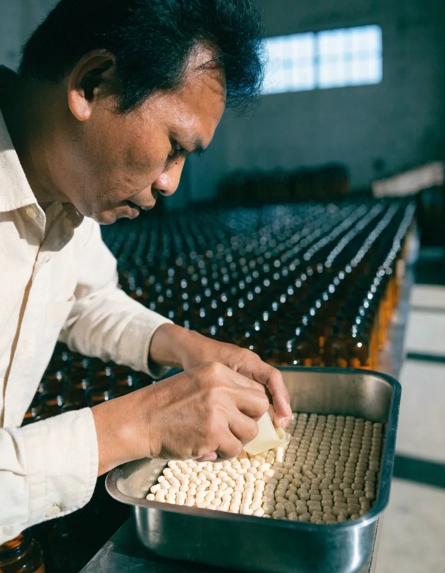 Hands lifting a plain cream capsule from a sorting tray beside the IndoVigor reference pages
