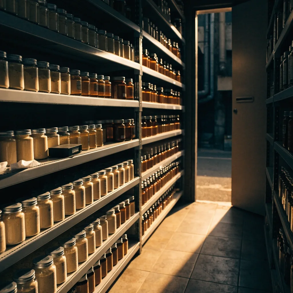 A low counter edge inside a Jakarta supplement supply shop, with a sunlit doorway leading to the street