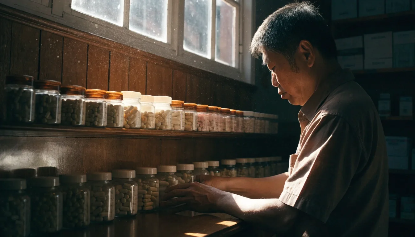 A Jakarta supply shop interior in the late afternoon, warm sidelight across a wall of plain supplement bottles