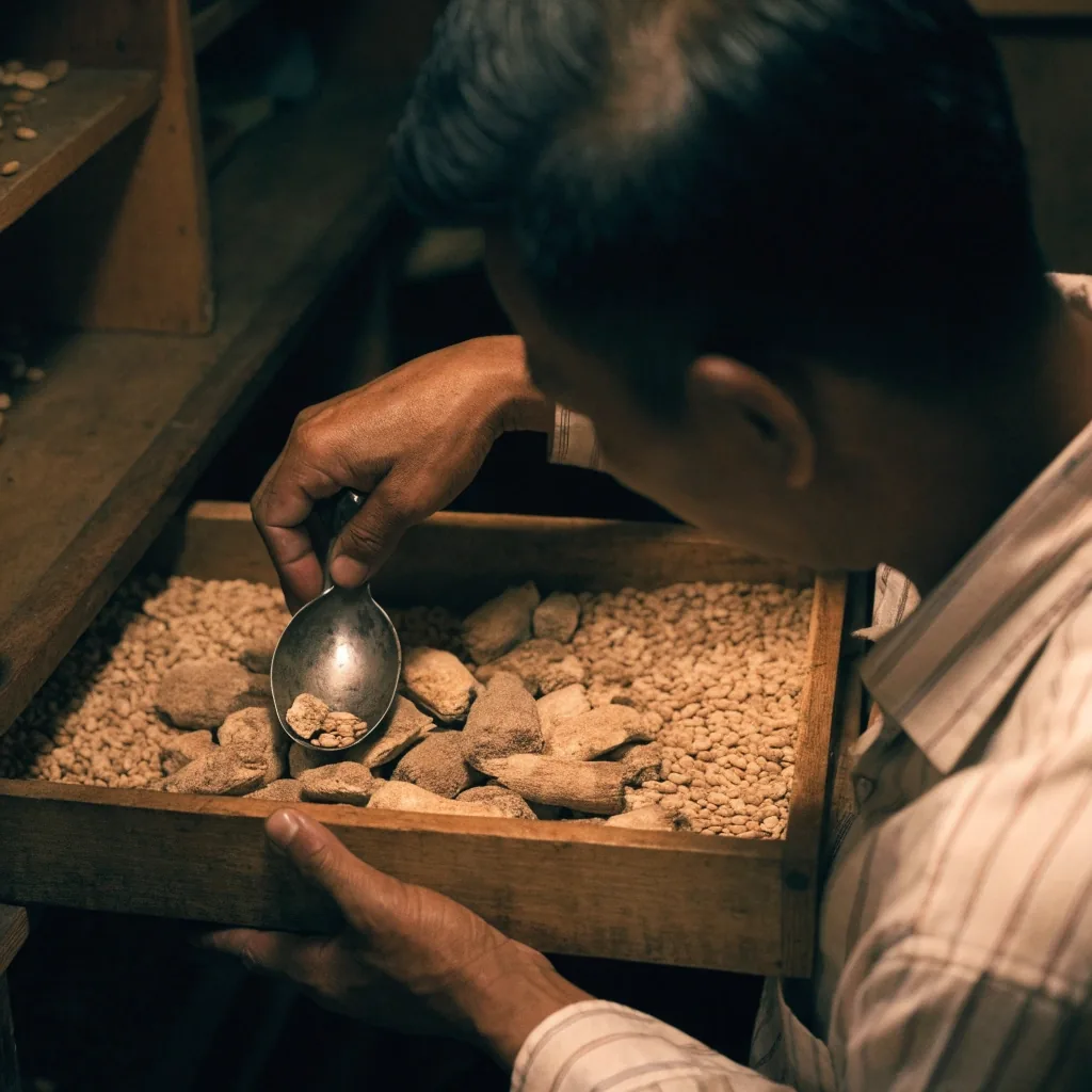 Hands sorting dried root pieces and seeds from an open wooden drawer at a herbal supply counter