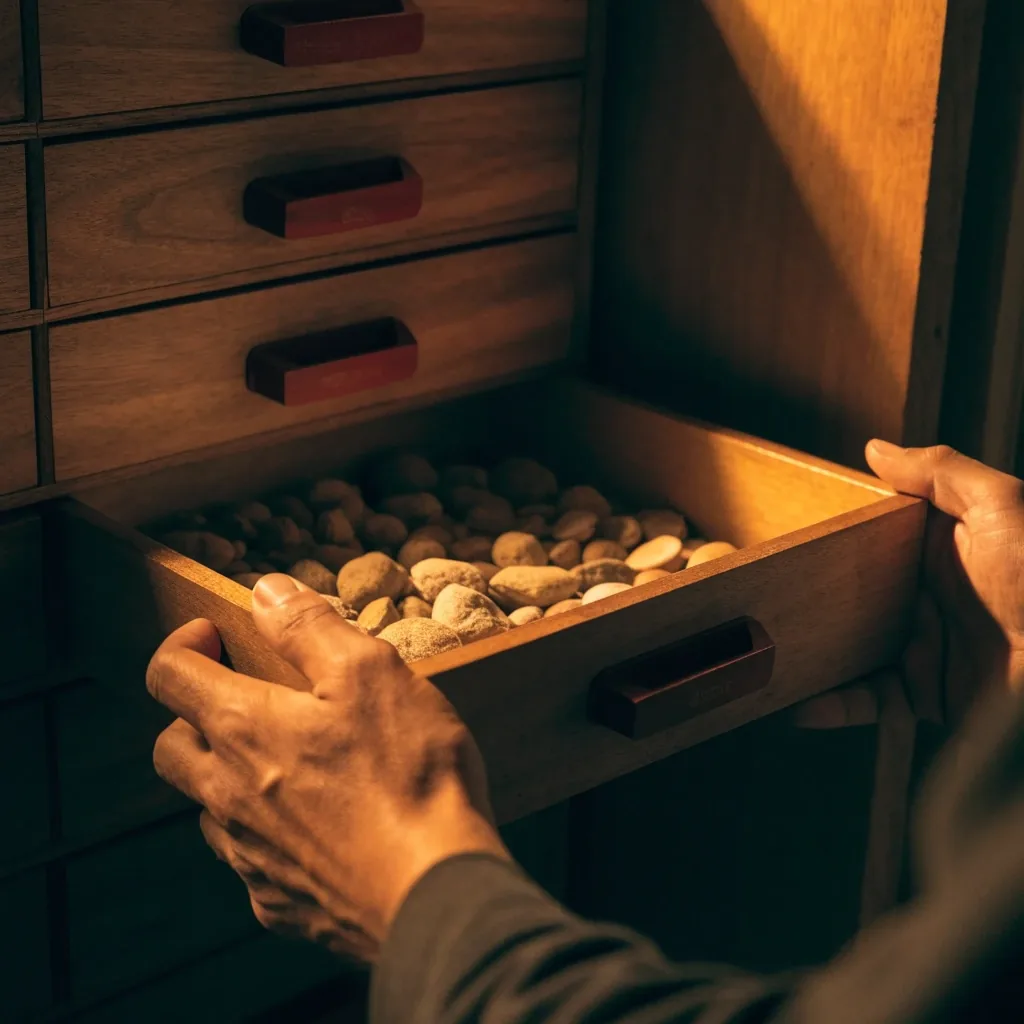 An open wooden drawer of dried seeds, root cross-sections and small dried fruits in warm side light