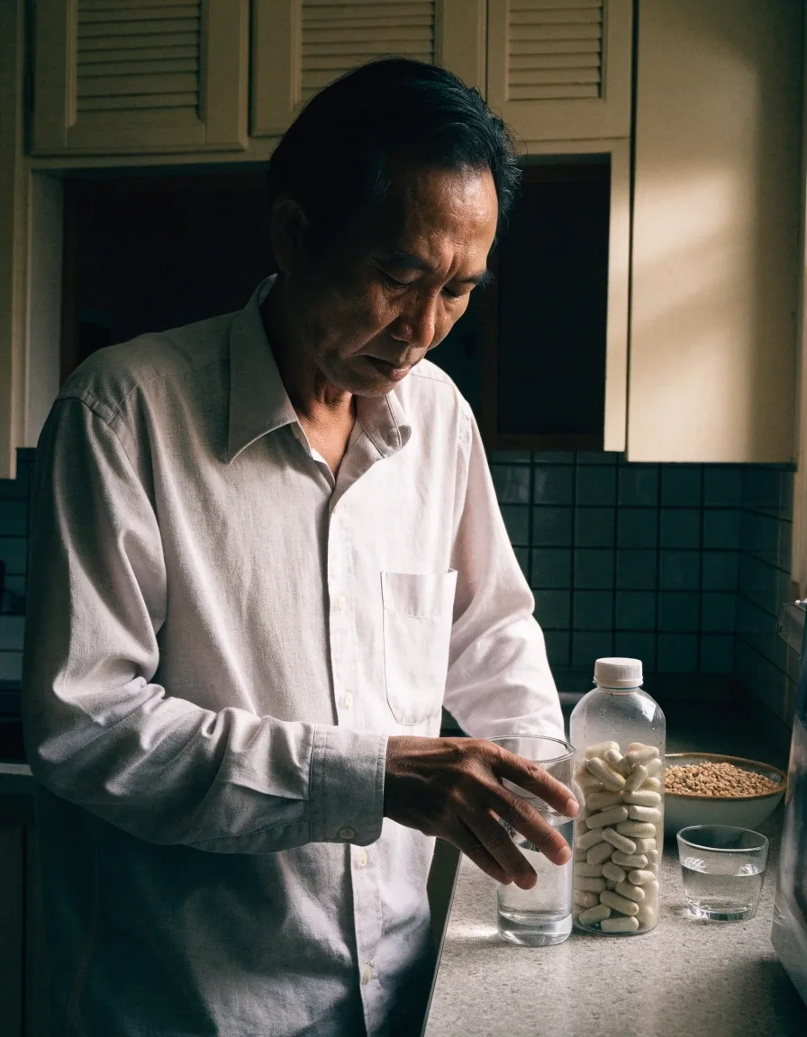 A man standing at a kitchen counter with a glass of water, a plain bottle of daily capsules, and a small bowl of whole seeds
