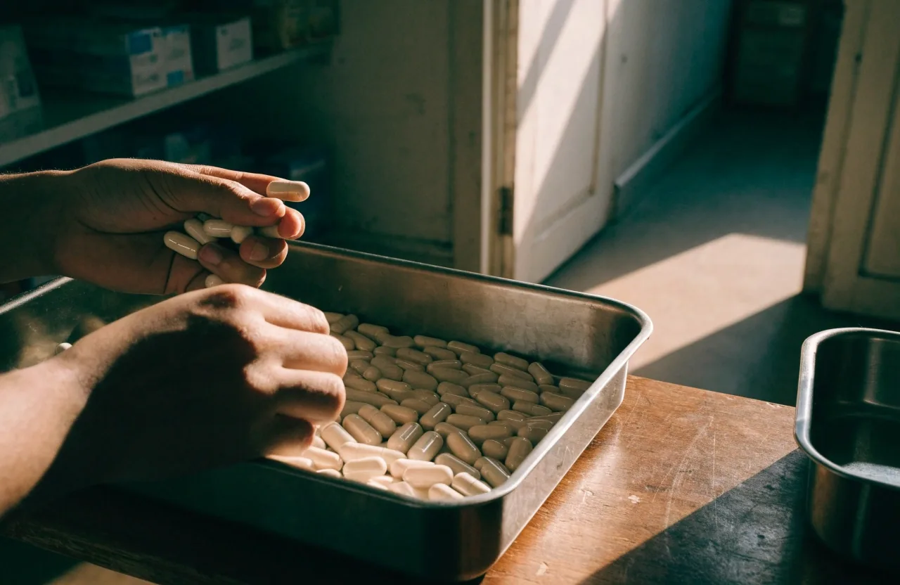 Hands sorting plain cream capsules in a stainless tray on a supply counter in afternoon light