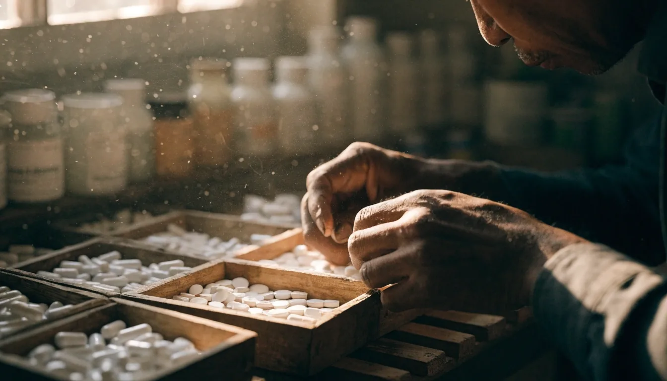 Hands sorting plain capsules and tablets from shallow trays on a low wooden shelf under warm side light